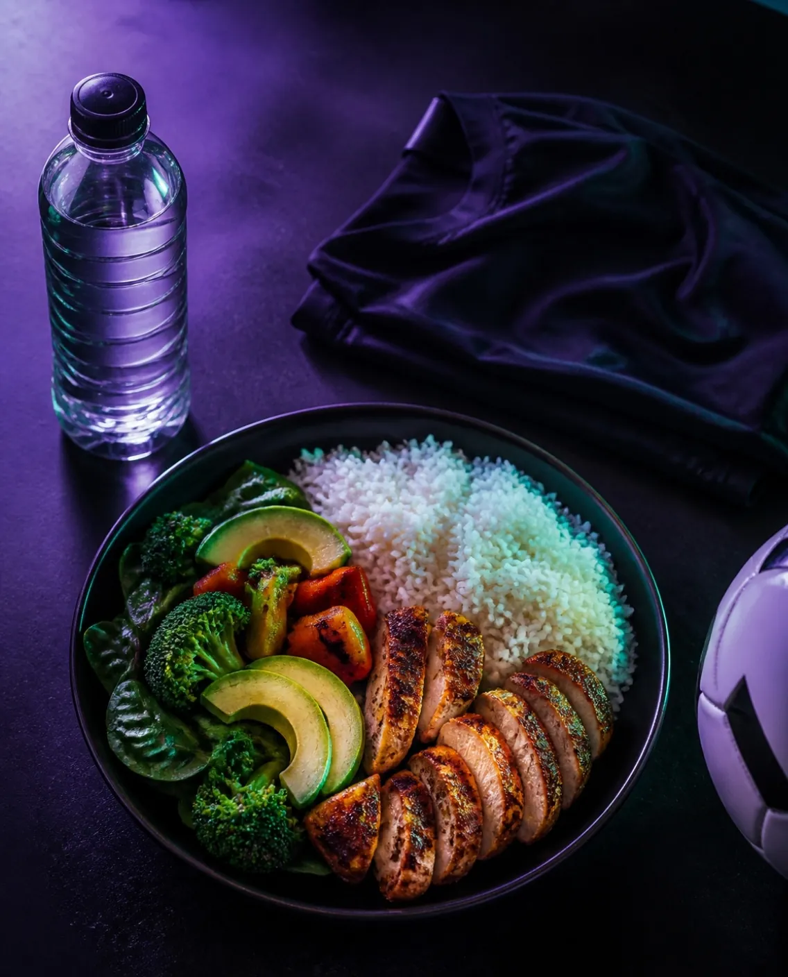 Plato de arroz, pollo, aguacate y verduras junto a una botella de agua