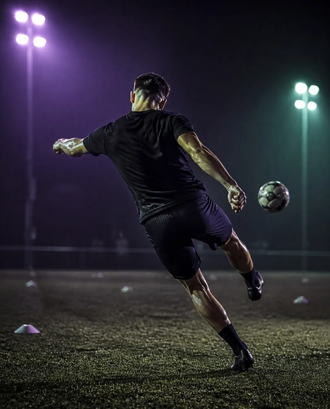 Un futbolista entrena solo de noche y golpea el balón con una técnica limpia