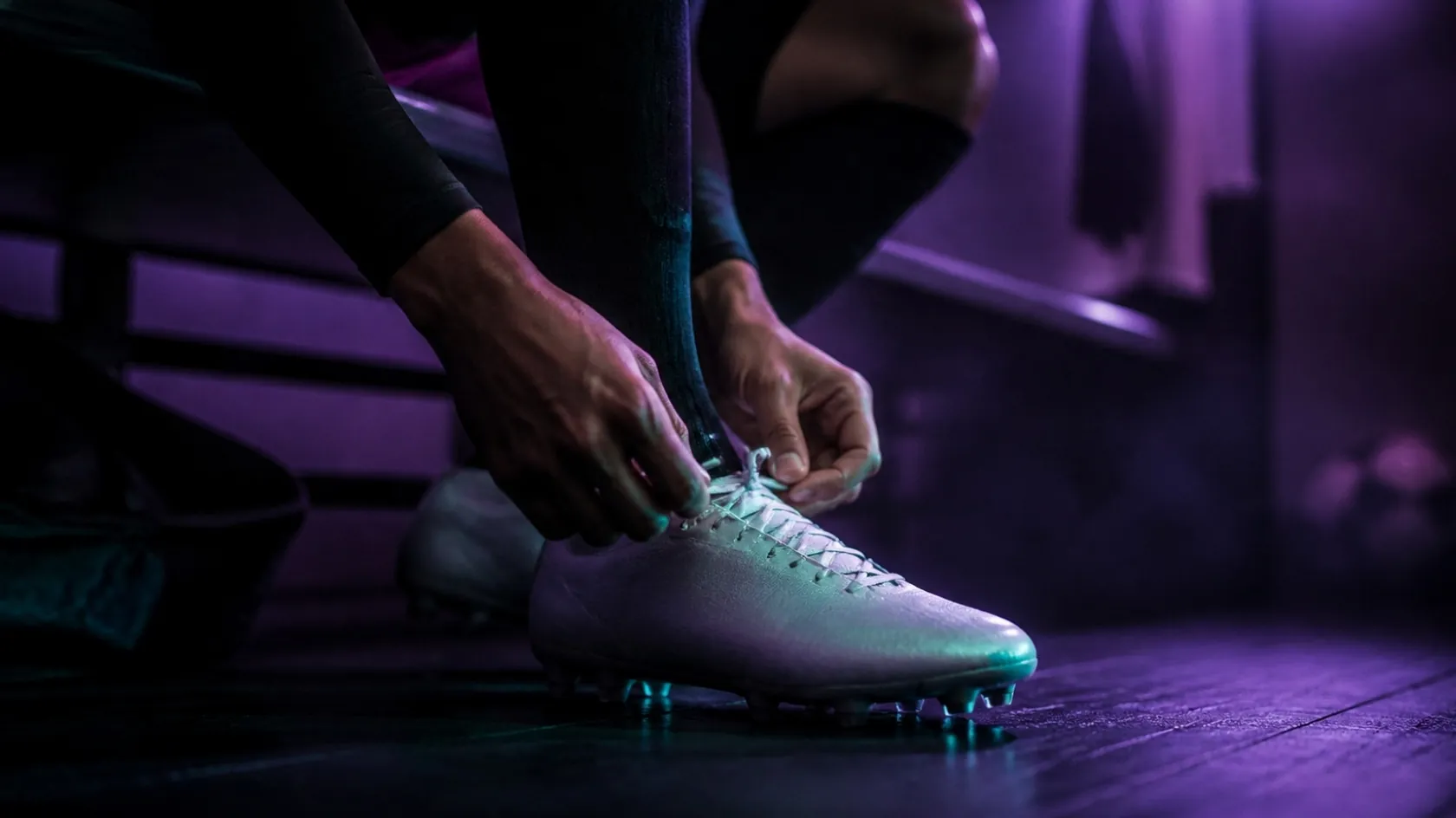 Un futbolista se ata las botas en el vestuario antes del partido