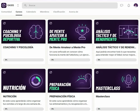 Los cursos de OASIS en Skool: coaching y psicología, mente pro, análisis táctico, nutrición, preparación física y masterclass